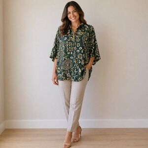 Thumbs Up- Vintage Silk Shirt Green Abstract Crazy Patterned 1980s Size XL